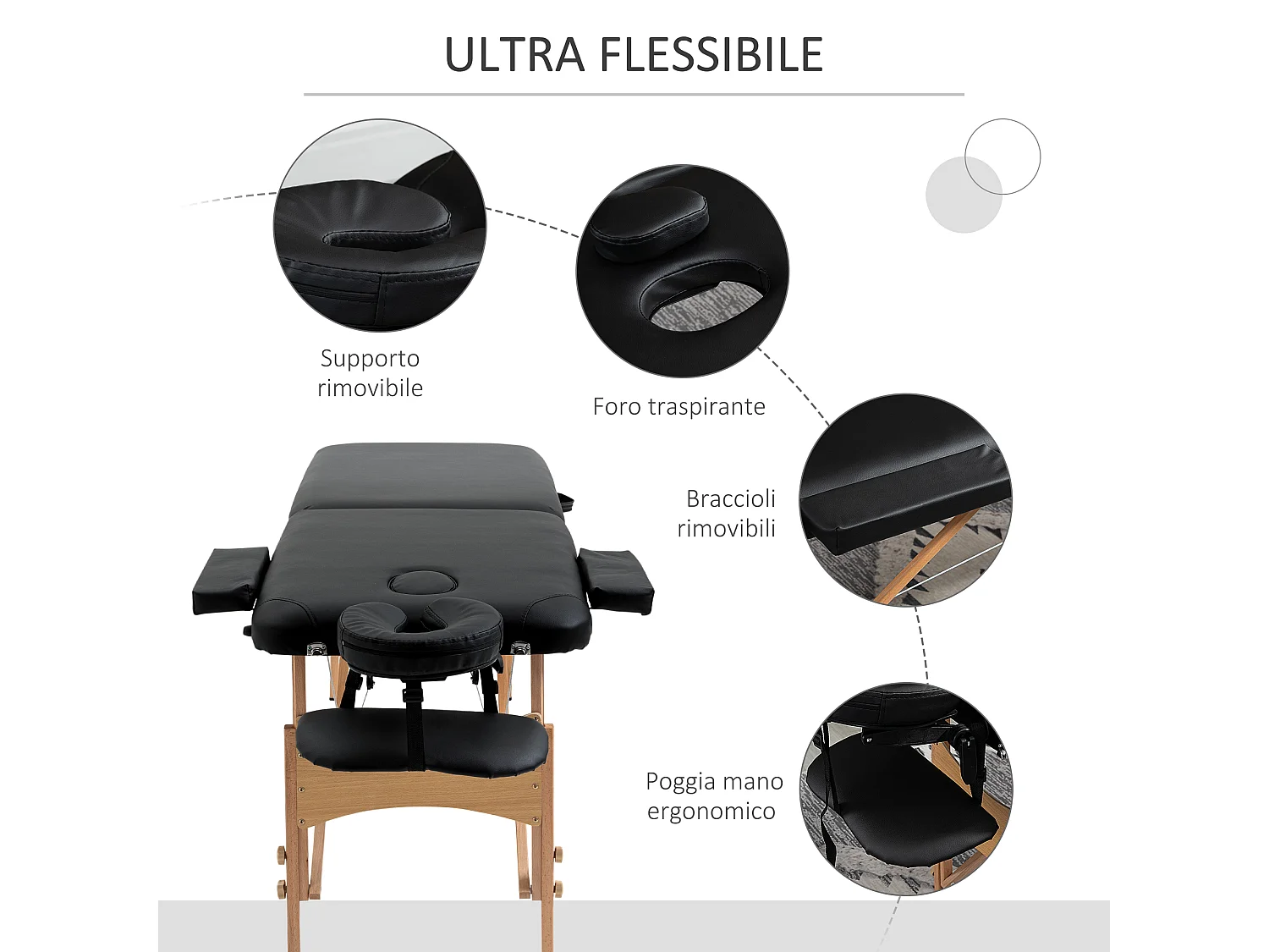 Lettino per massaggio pieghevole con altezza regolabile nero