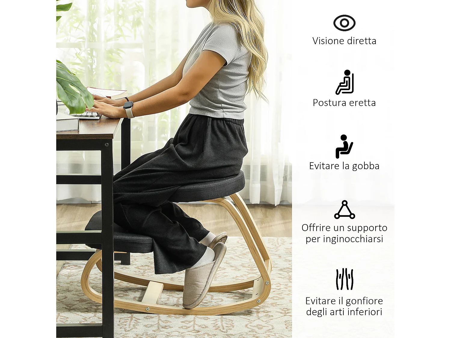 Sedia inginocchiatoio dondolante in tessuto effetto lino legno nero