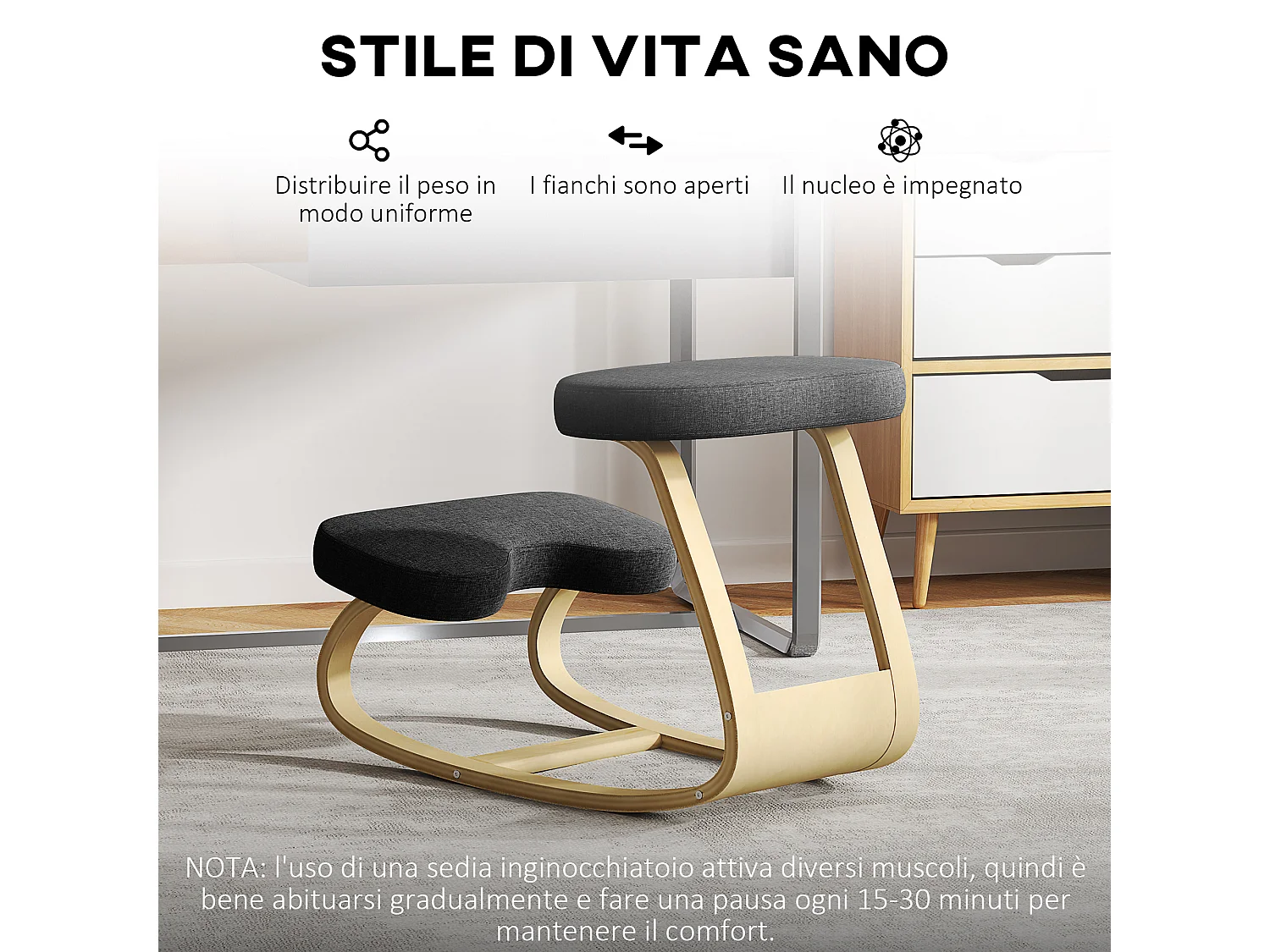 Sedia inginocchiatoio dondolante in tessuto effetto lino legno nero