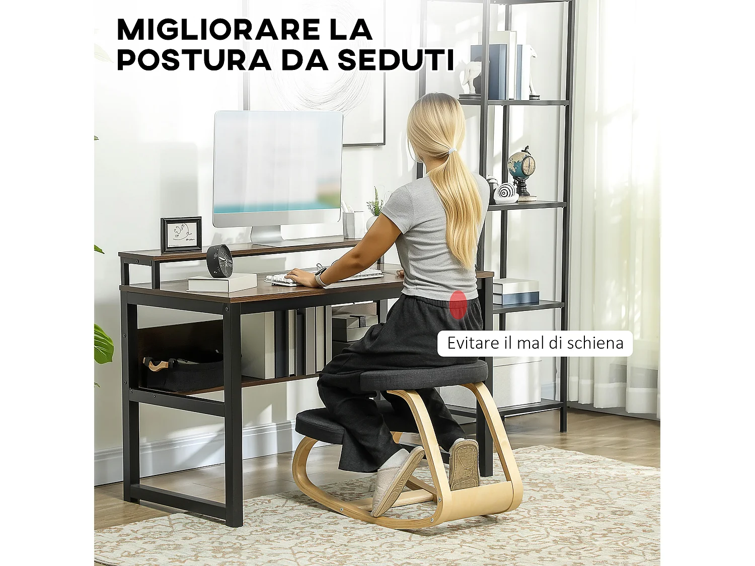 Sedia inginocchiatoio dondolante in tessuto effetto lino legno nero