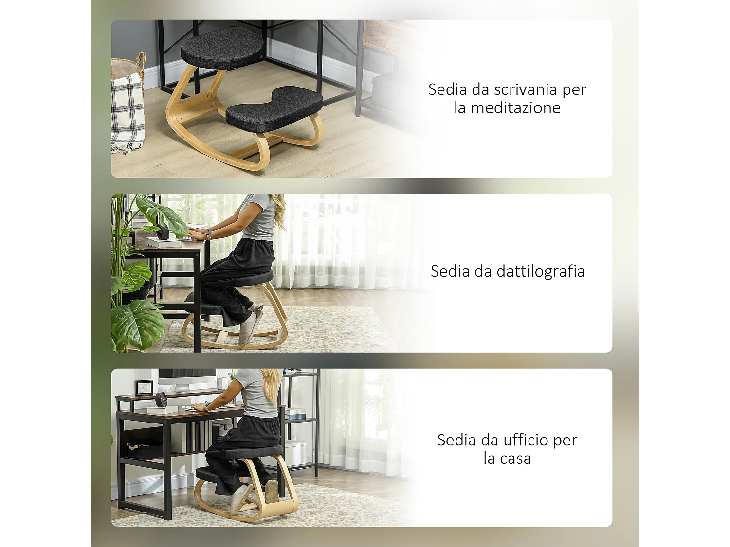 Sedia inginocchiatoio dondolante in tessuto effetto lino legno nero