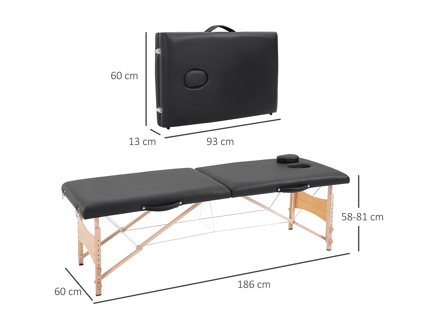Lettino per massaggio portatile ad altezza regolabile nero