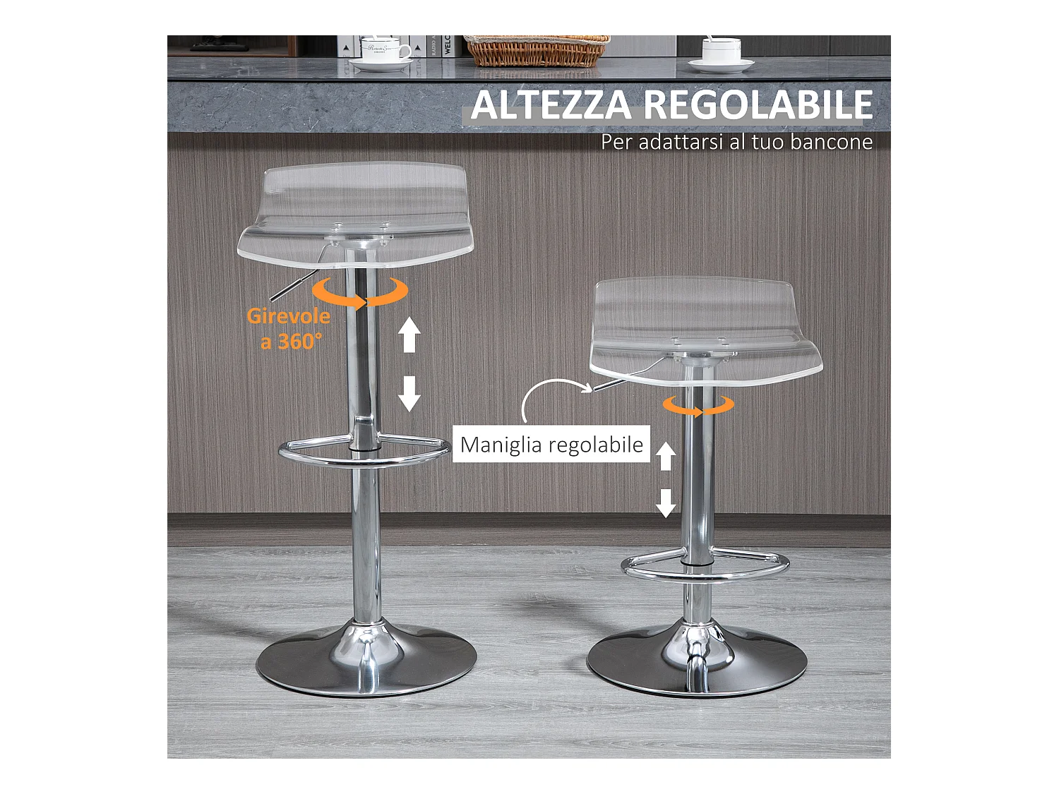 Set 2 sgabelli da bar girevoli con altezza regolabile trasparenti