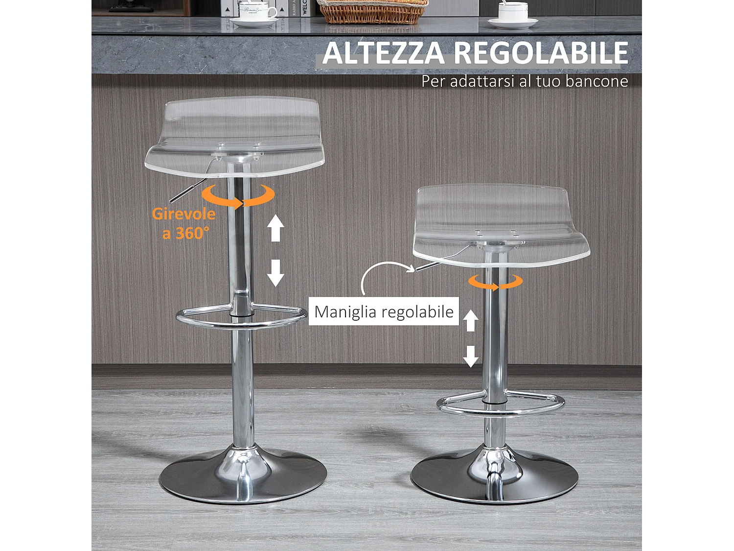 Set 2 sgabelli da bar girevoli con altezza regolabile trasparenti