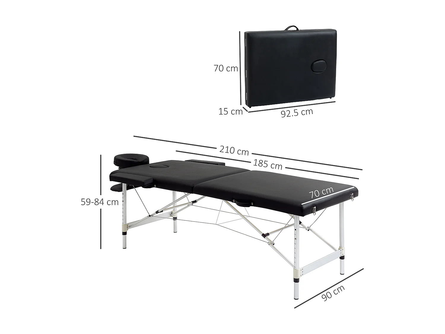 Lettino Massaggio Pieghevole Professionale Altezza Regolabile, Nero