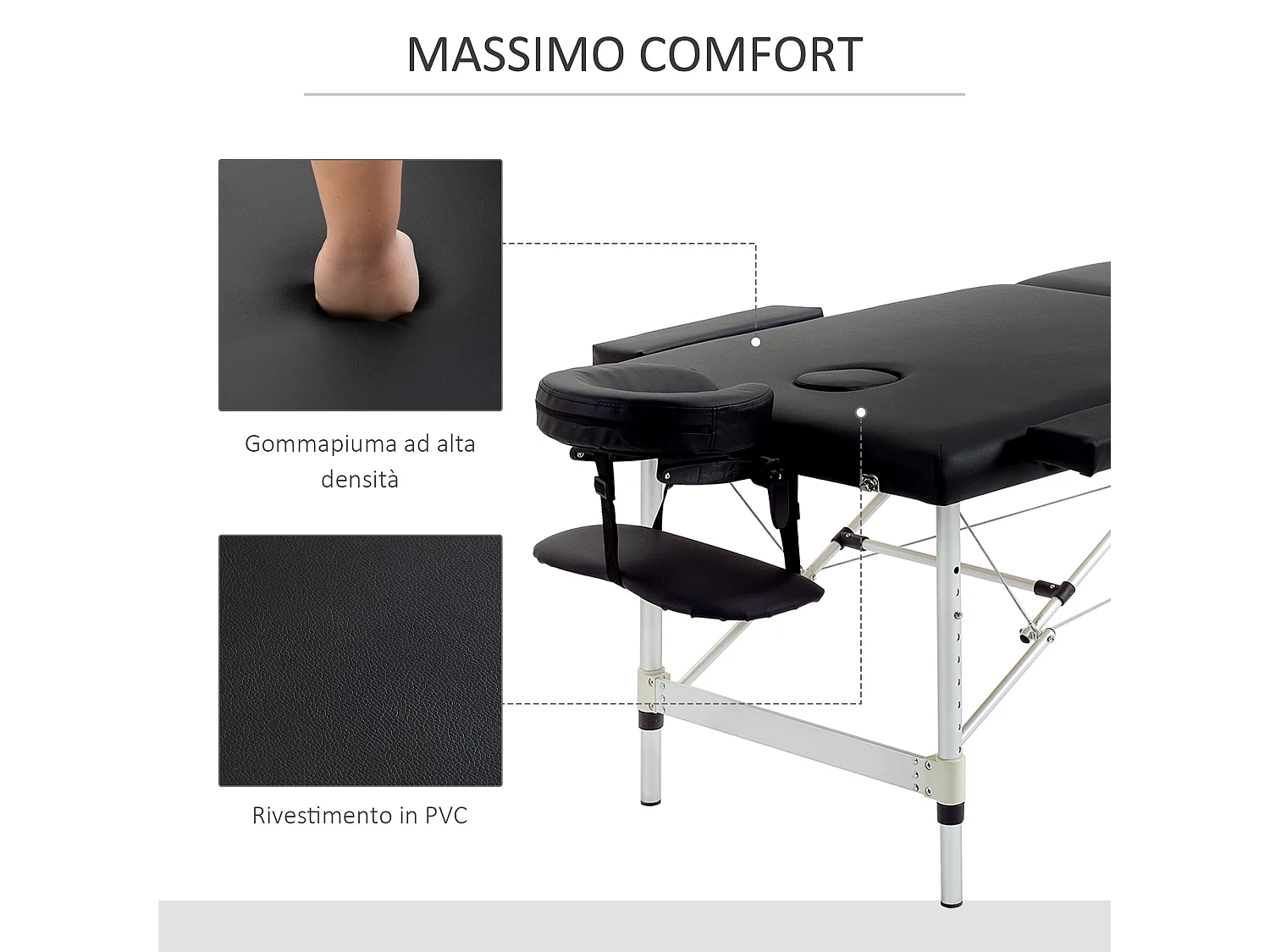 Lettino Massaggio Pieghevole Professionale Altezza Regolabile, Nero