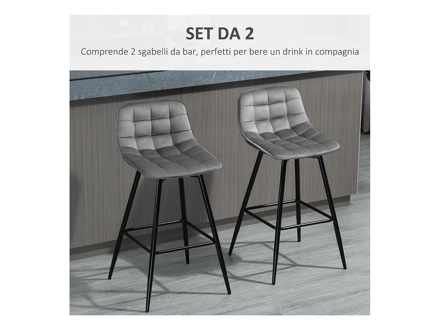 Set 2 sgabelli da bar nordico rivestimento velluto metallo grigio