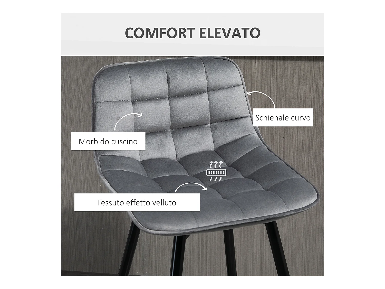 Set 2 sgabelli da bar nordico rivestimento velluto metallo grigio