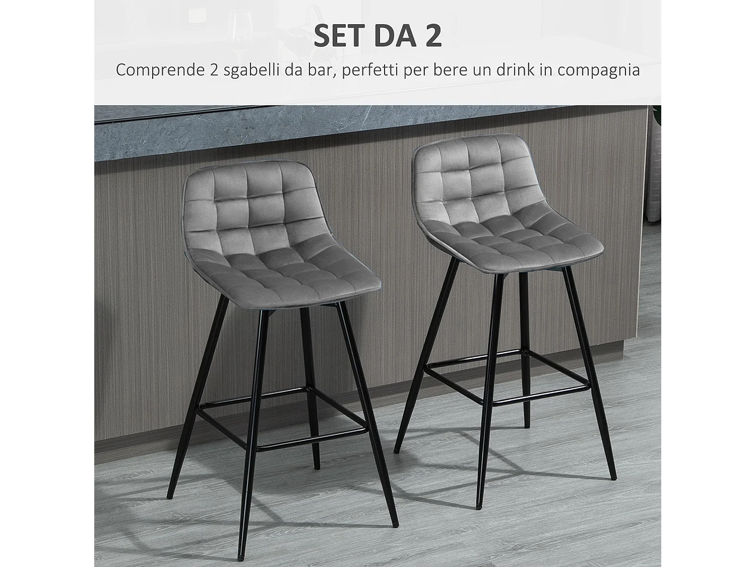 Set 2 sgabelli da bar nordico rivestimento velluto metallo grigio