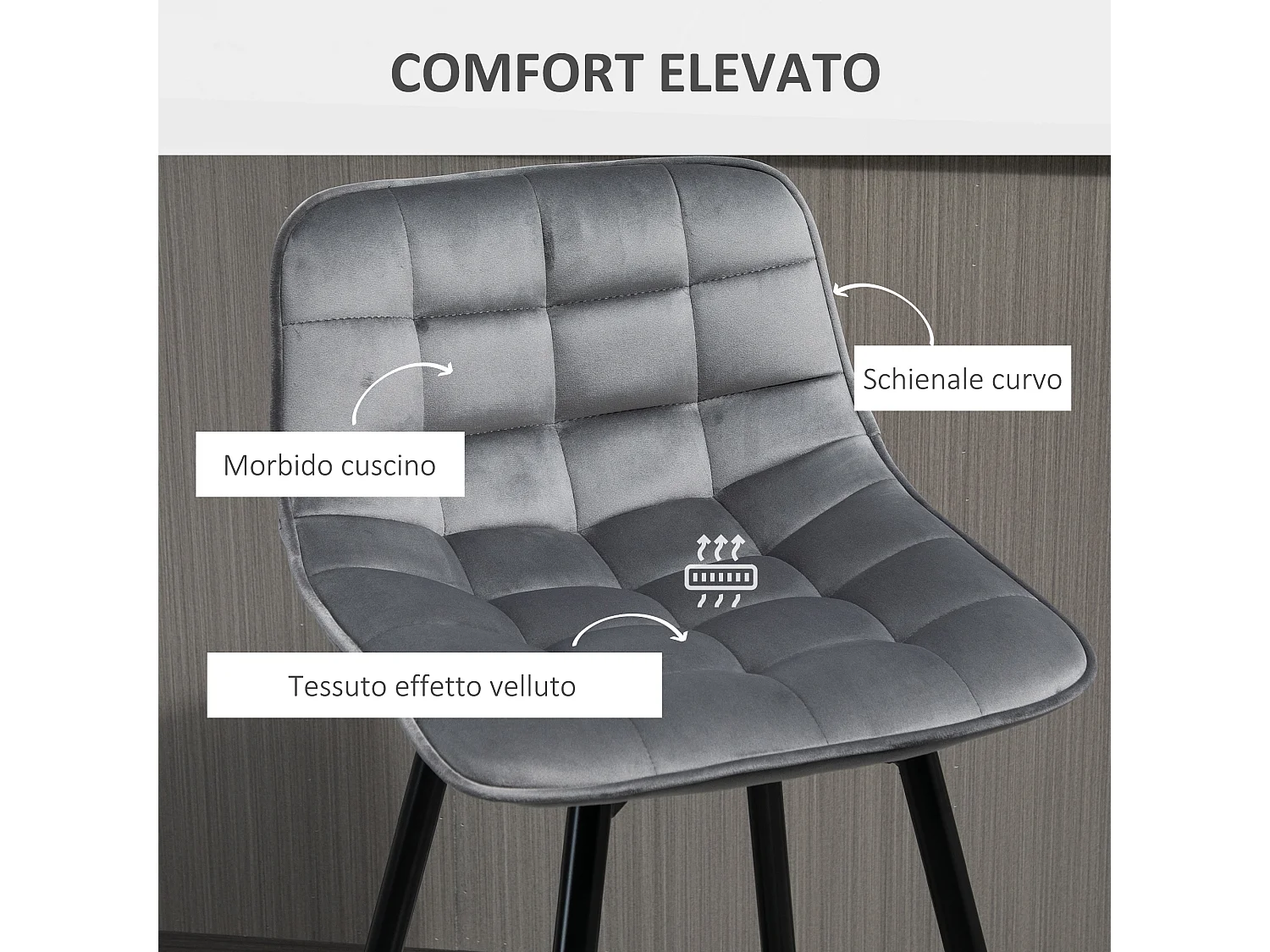 Set 2 sgabelli da bar nordico rivestimento velluto metallo grigio