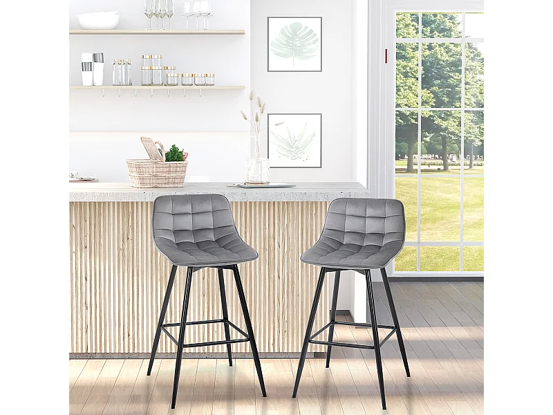 Set 2 sgabelli da bar nordico rivestimento velluto metallo grigio