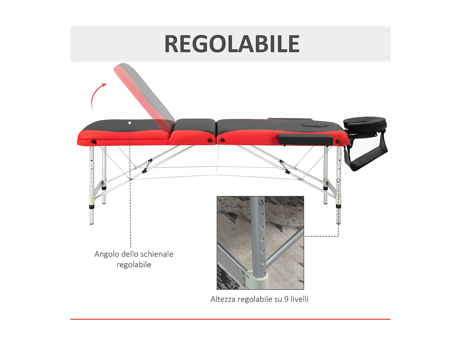 Lettino da massaggio pieghevole ad altezza regolabile, nero e rosso