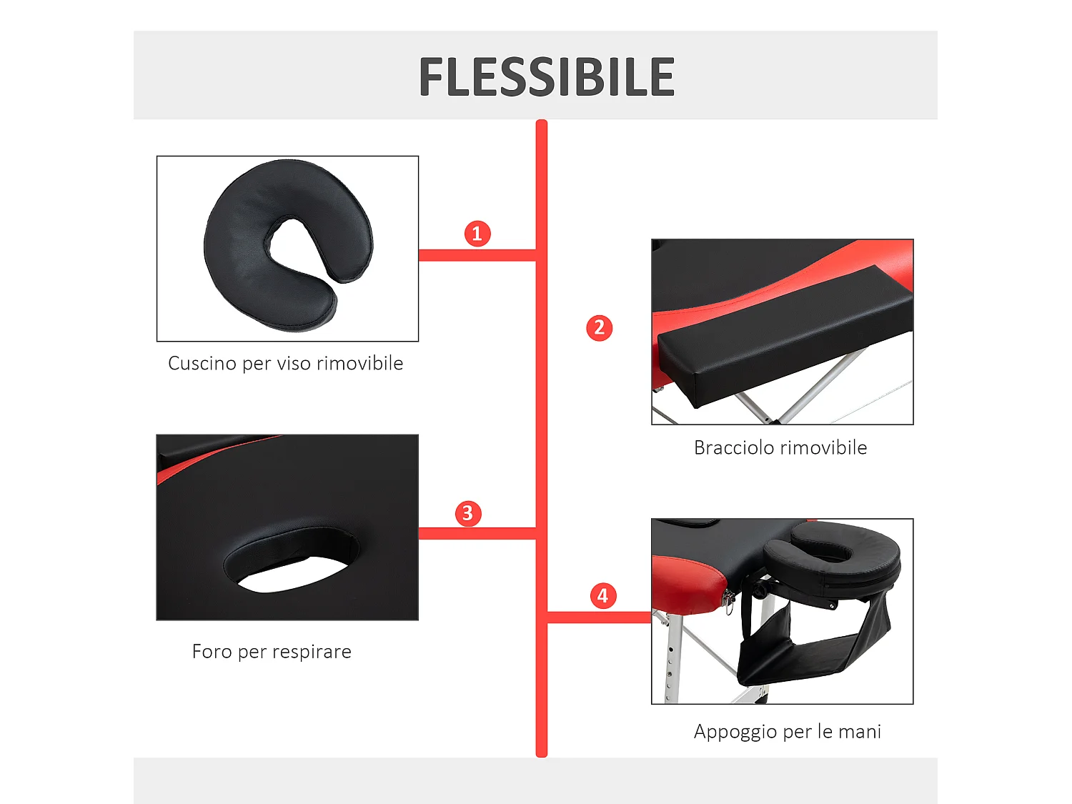 Lettino da massaggio pieghevole ad altezza regolabile, nero e rosso