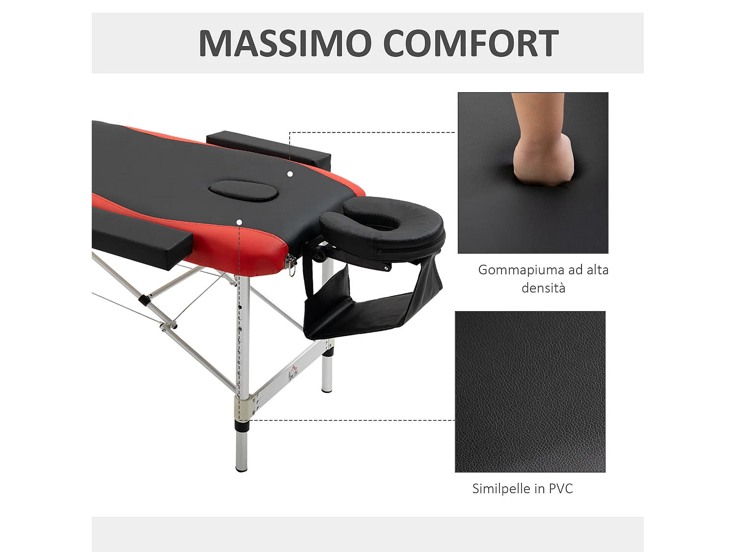 Lettino da massaggio pieghevole ad altezza regolabile, nero e rosso