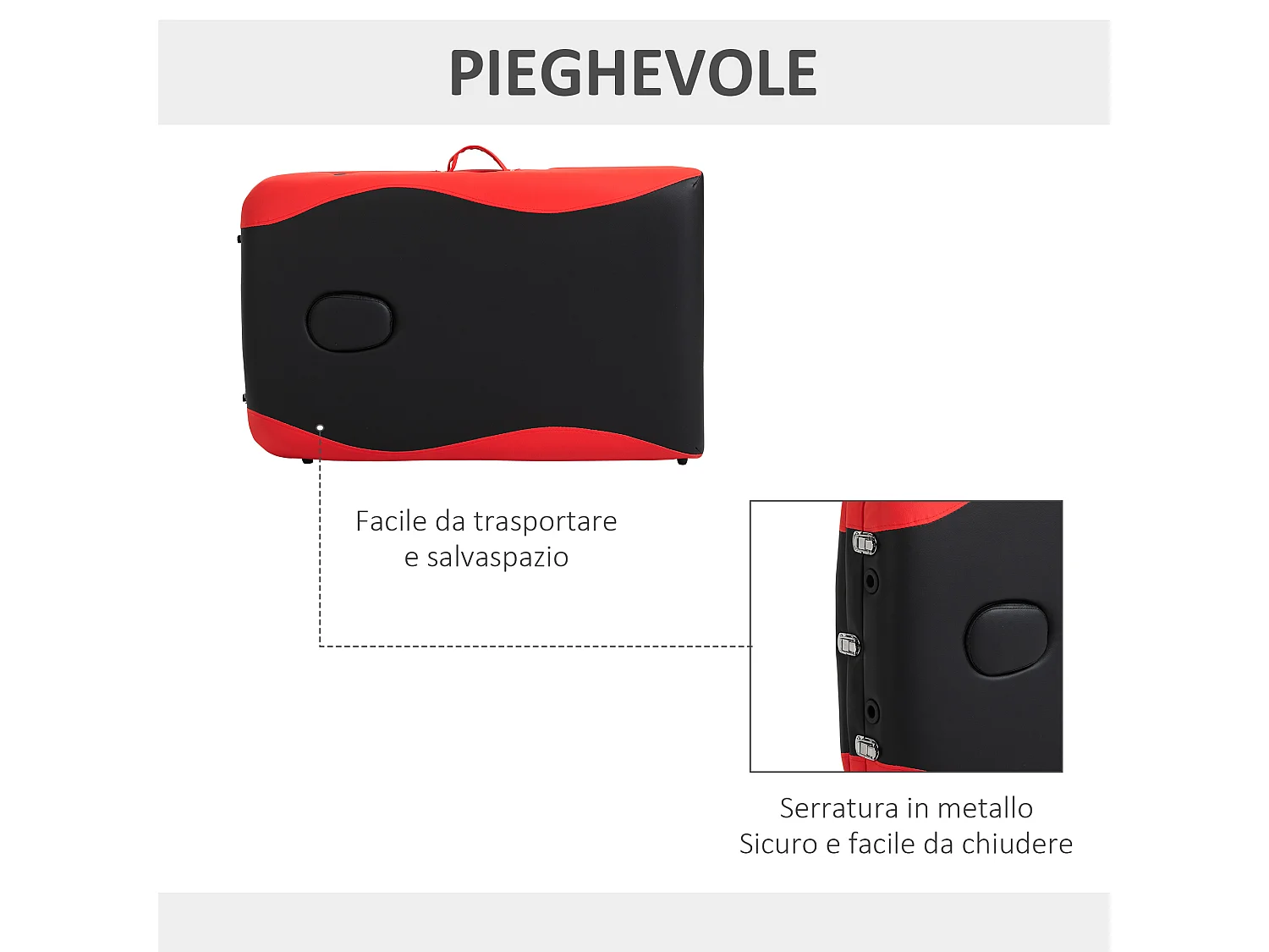 Lettino da massaggio pieghevole ad altezza regolabile, nero e rosso
