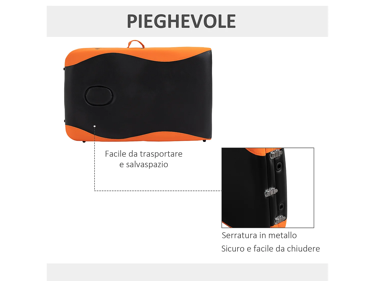 Lettino da massaggio pieghevole ad altezza regolabile, nero e arancione