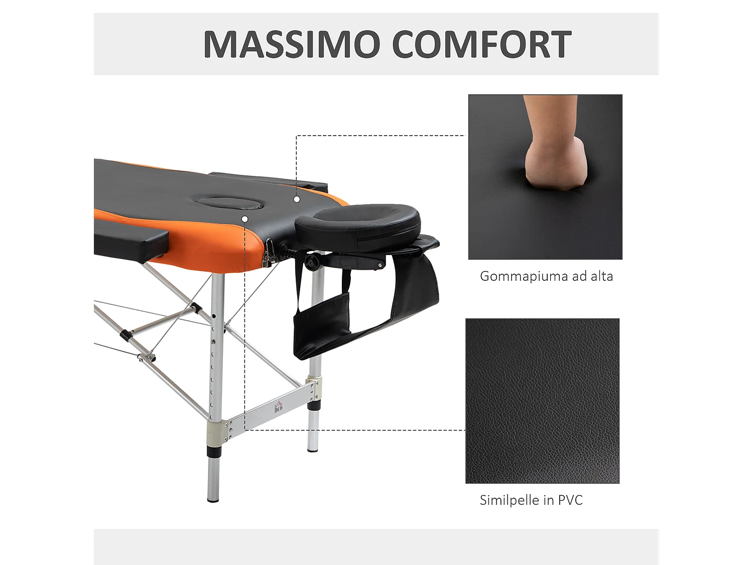 Lettino da massaggio pieghevole ad altezza regolabile, nero e arancione