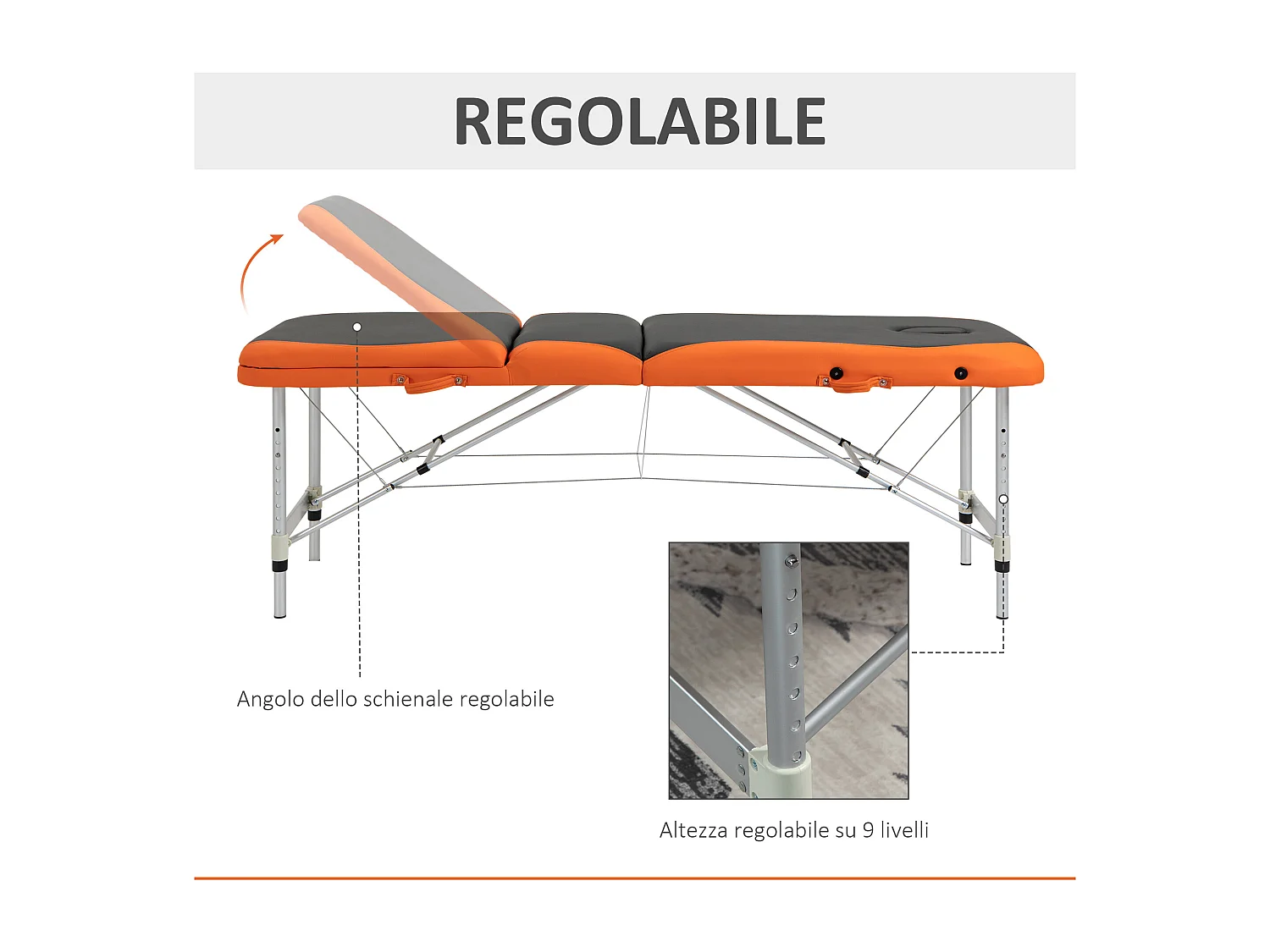 Lettino da massaggio pieghevole ad altezza regolabile, nero e arancione