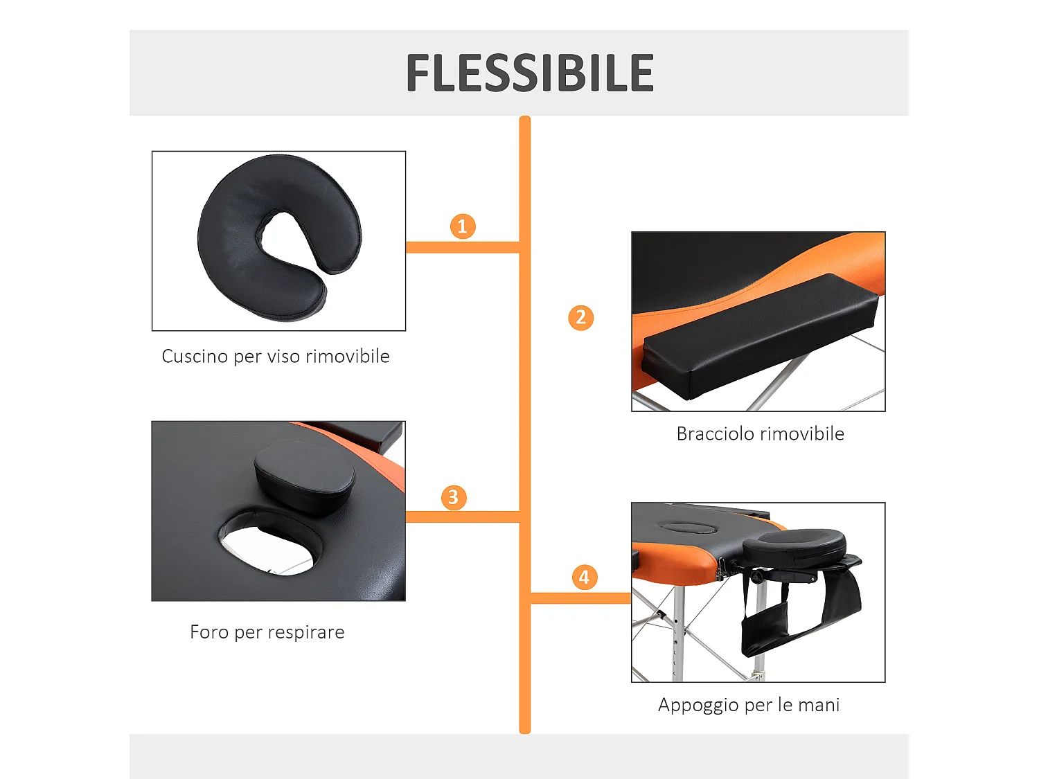 Lettino da massaggio pieghevole ad altezza regolabile, nero e arancione