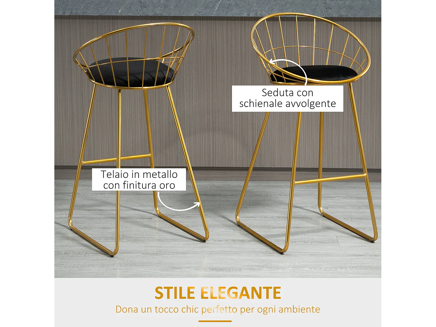 Set 2 sgabelli da bar in metallo con poggiapiedi e cuscino nero