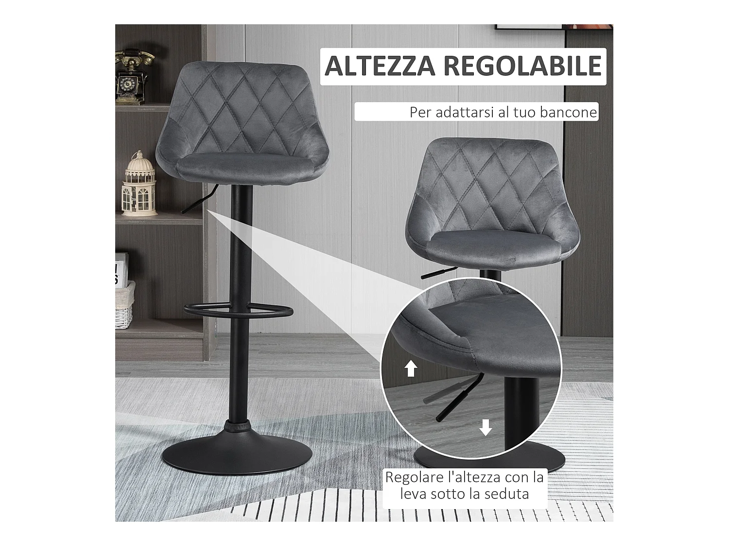 Set Sgabelli da Bar Girevoli Velluto Grigio Altezza Regolabile