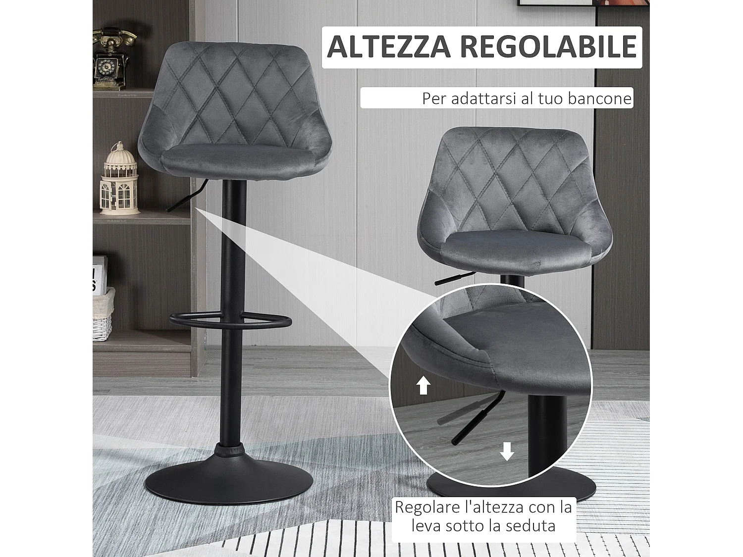 Set Sgabelli da Bar Girevoli Velluto Grigio Altezza Regolabile