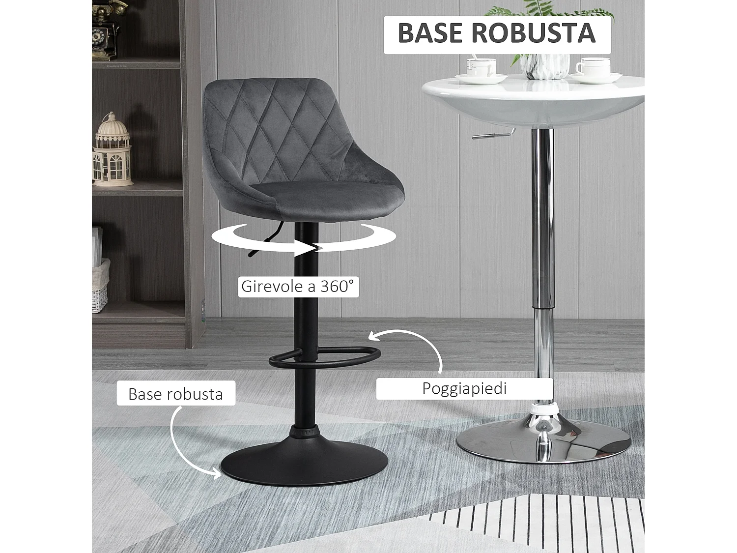 Set Sgabelli da Bar Girevoli Velluto Grigio Altezza Regolabile