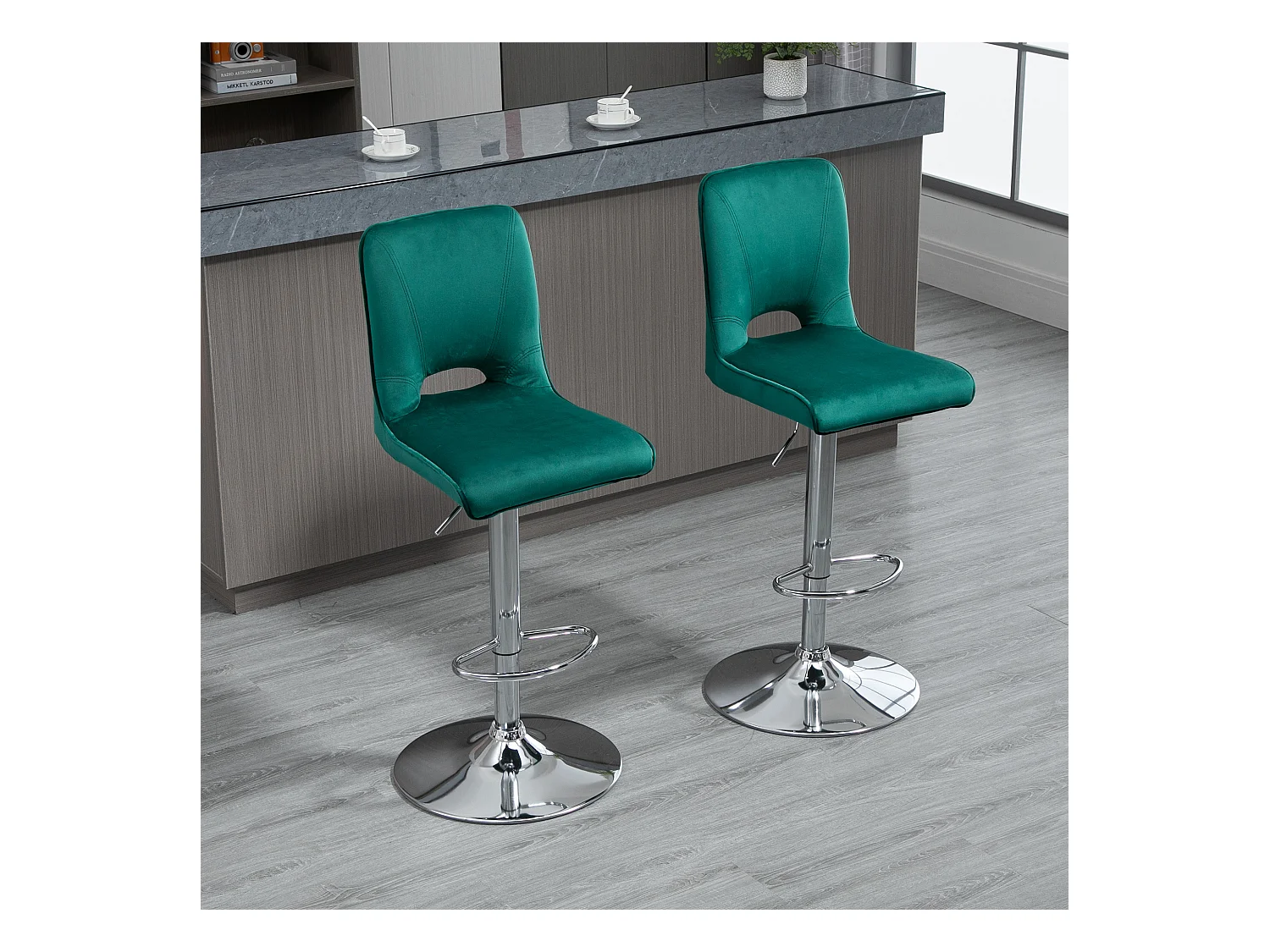 Set 2 sgabelli alti da bar moderni in tessuto verde petrolio