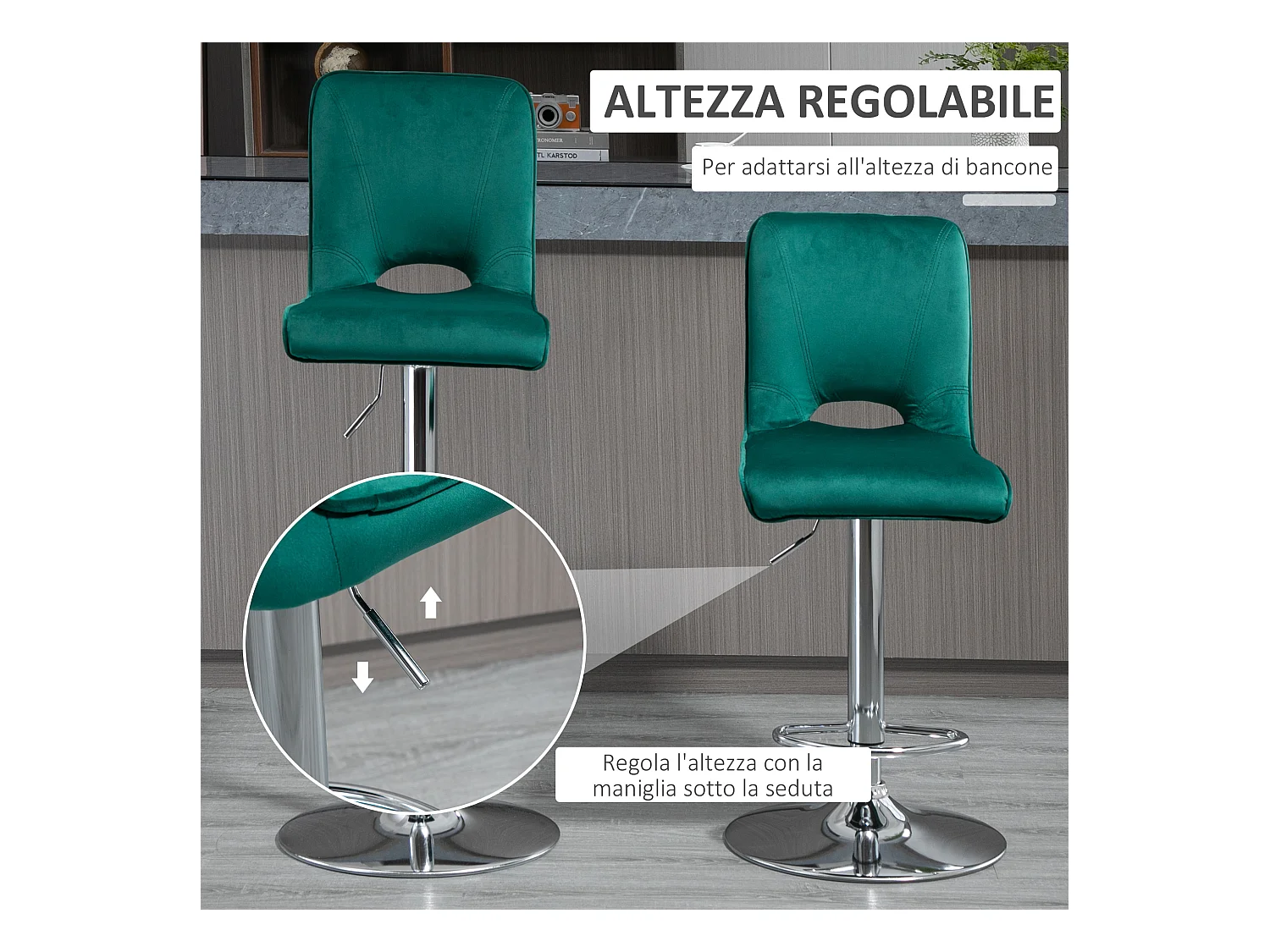 Set 2 sgabelli alti da bar moderni in tessuto verde petrolio