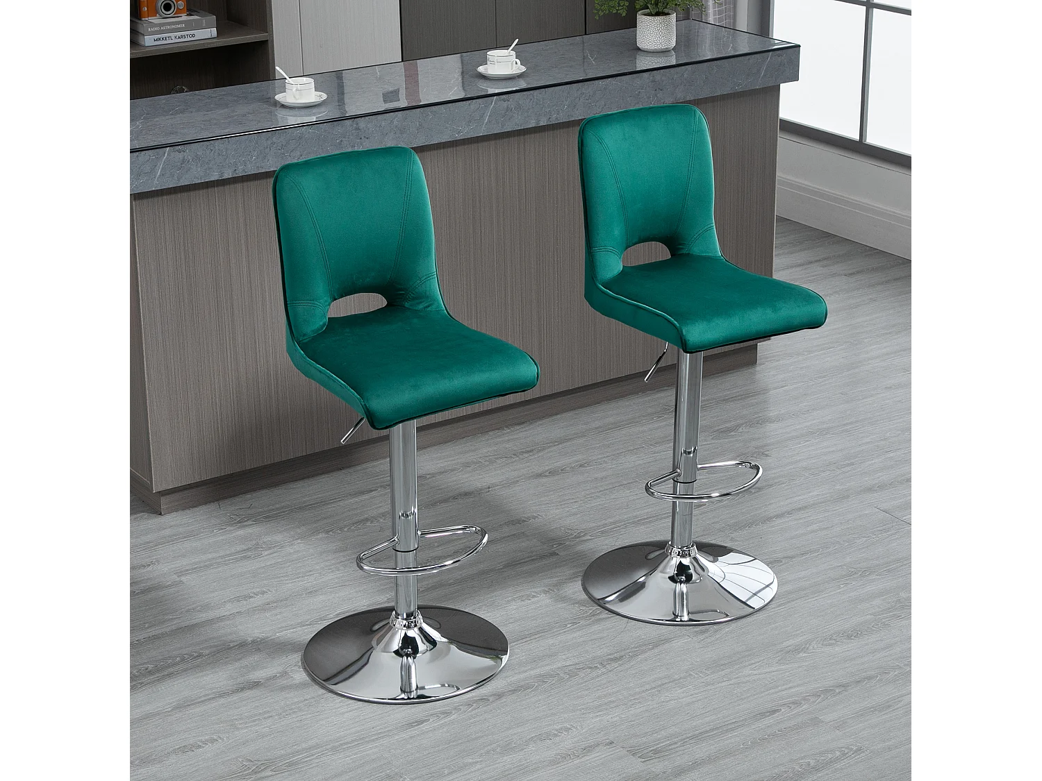 Set 2 sgabelli alti da bar moderni in tessuto verde petrolio