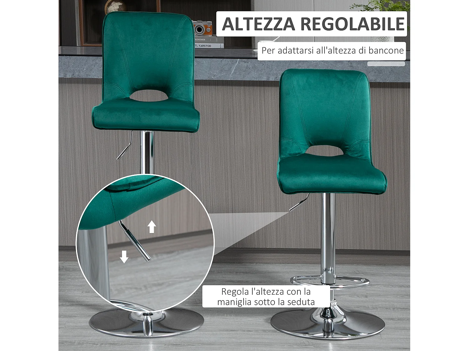 Set 2 sgabelli alti da bar moderni in tessuto verde petrolio