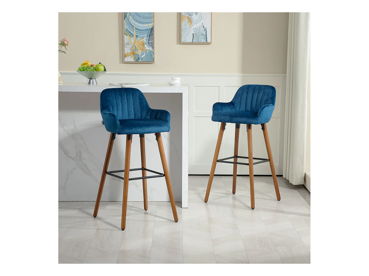 Set 2 sgabelli da bar con schienale e braccioli in velluto blu scuro