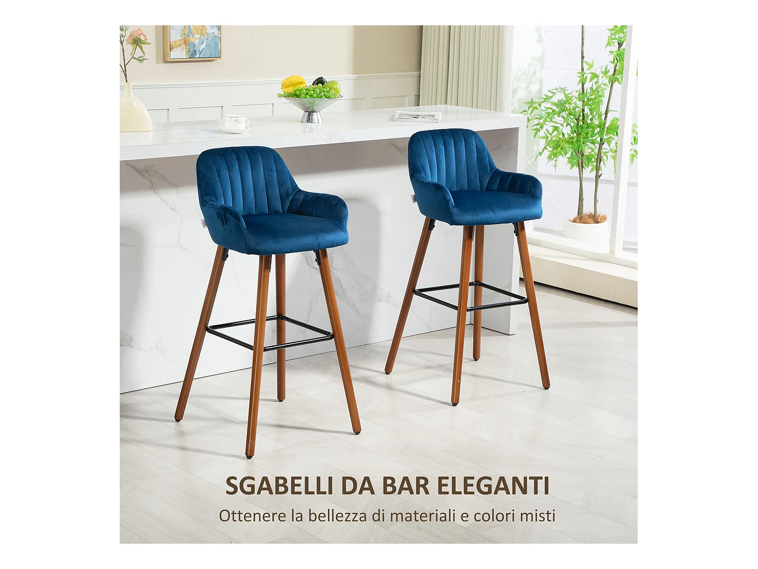 Set 2 sgabelli da bar con schienale e braccioli in velluto blu scuro