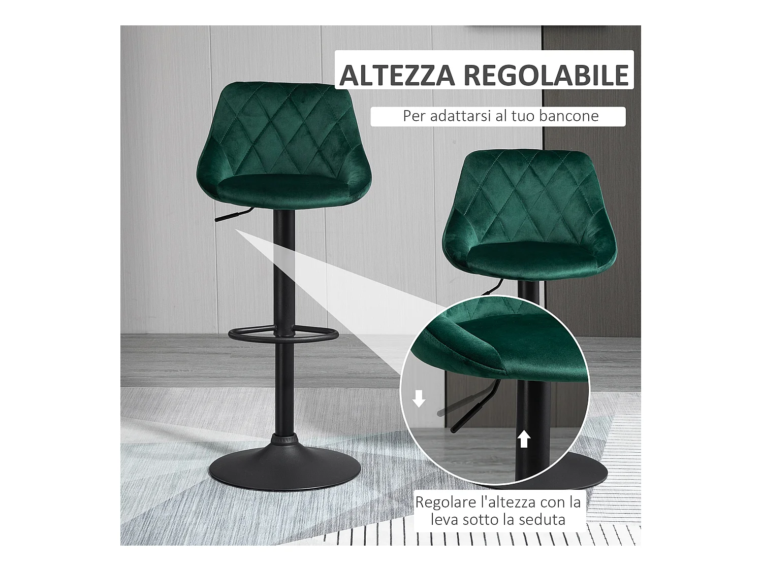 Set 2 Sgabelli da Bar Girevoli Velluto Verde Altezza Regolabile