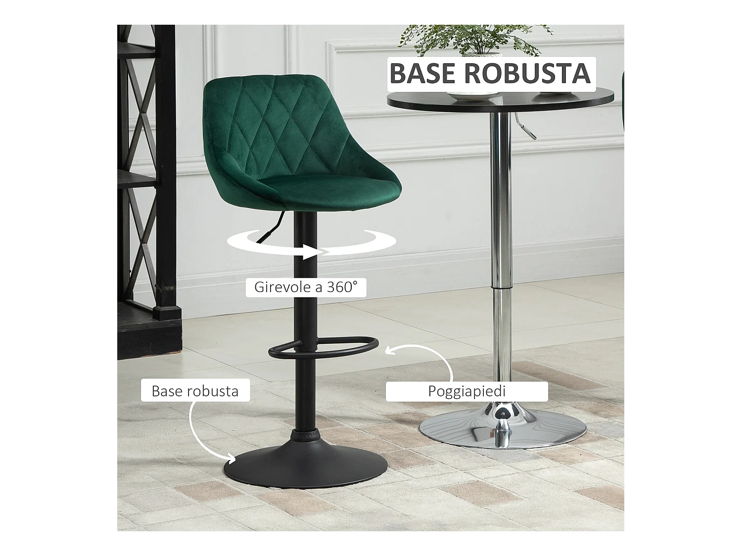 Set 2 Sgabelli da Bar Girevoli Velluto Verde Altezza Regolabile