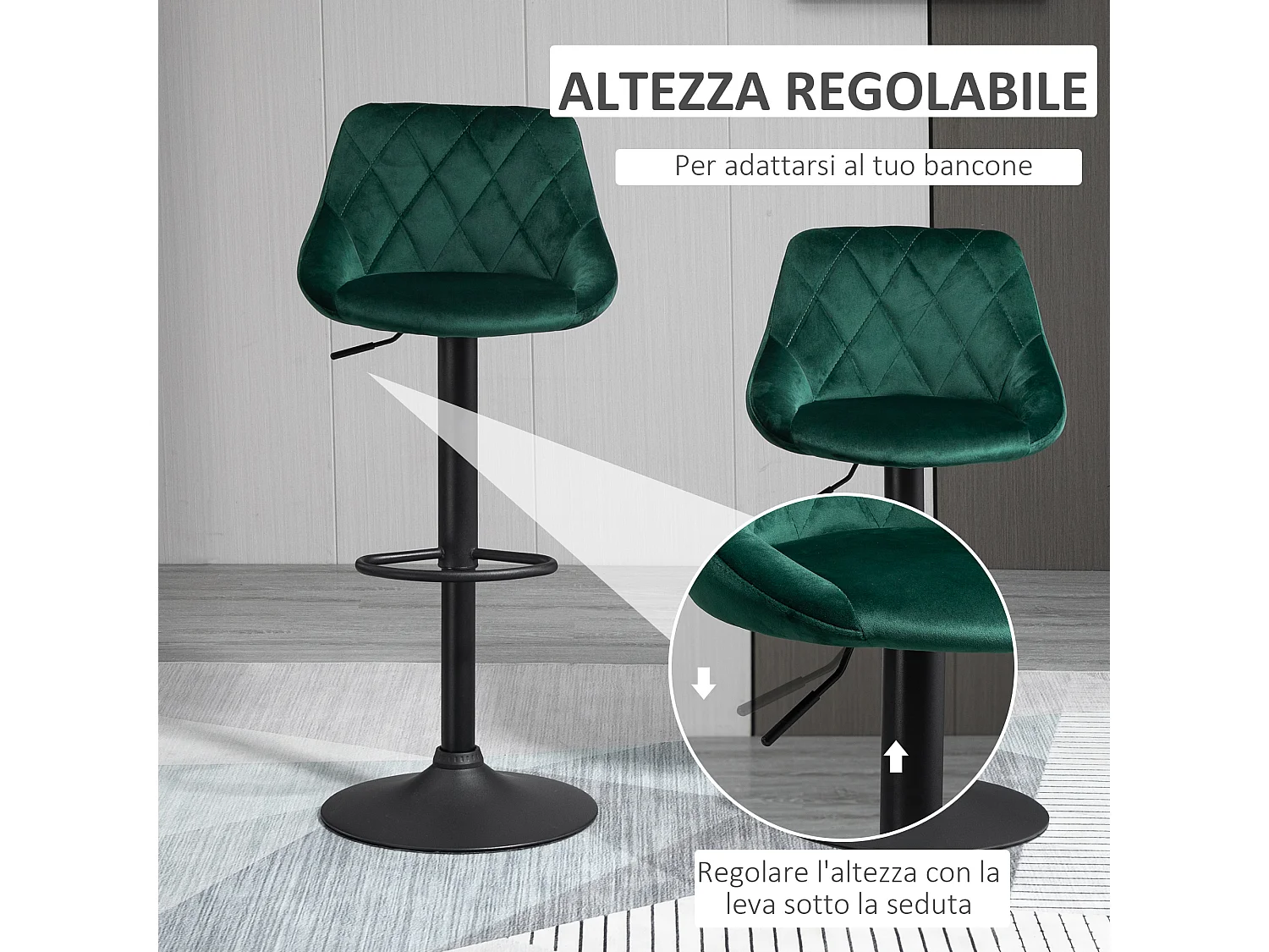 Set 2 Sgabelli da Bar Girevoli Velluto Verde Altezza Regolabile