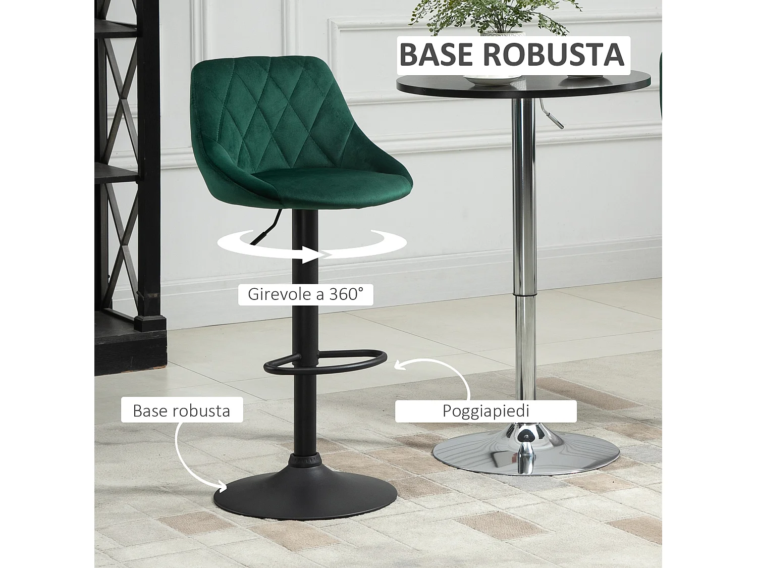 Set 2 Sgabelli da Bar Girevoli Velluto Verde Altezza Regolabile