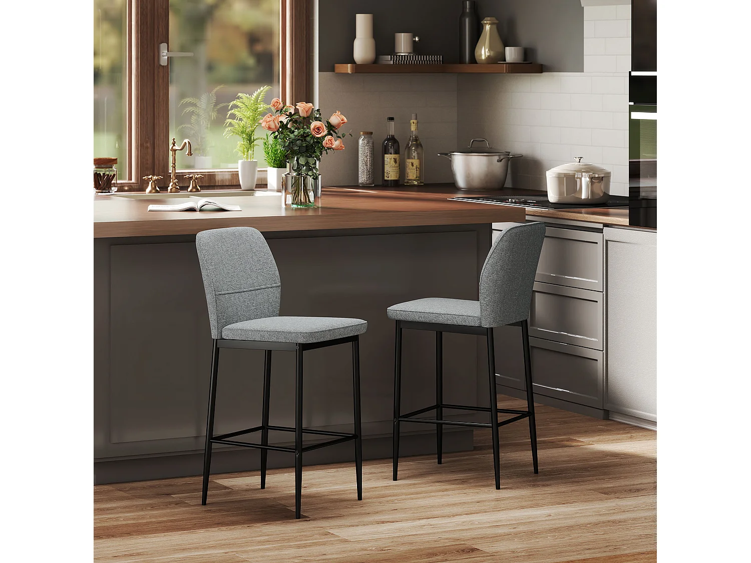 Set 2 sgabelli bar con schienale e poggiapiedi in velluto grigio