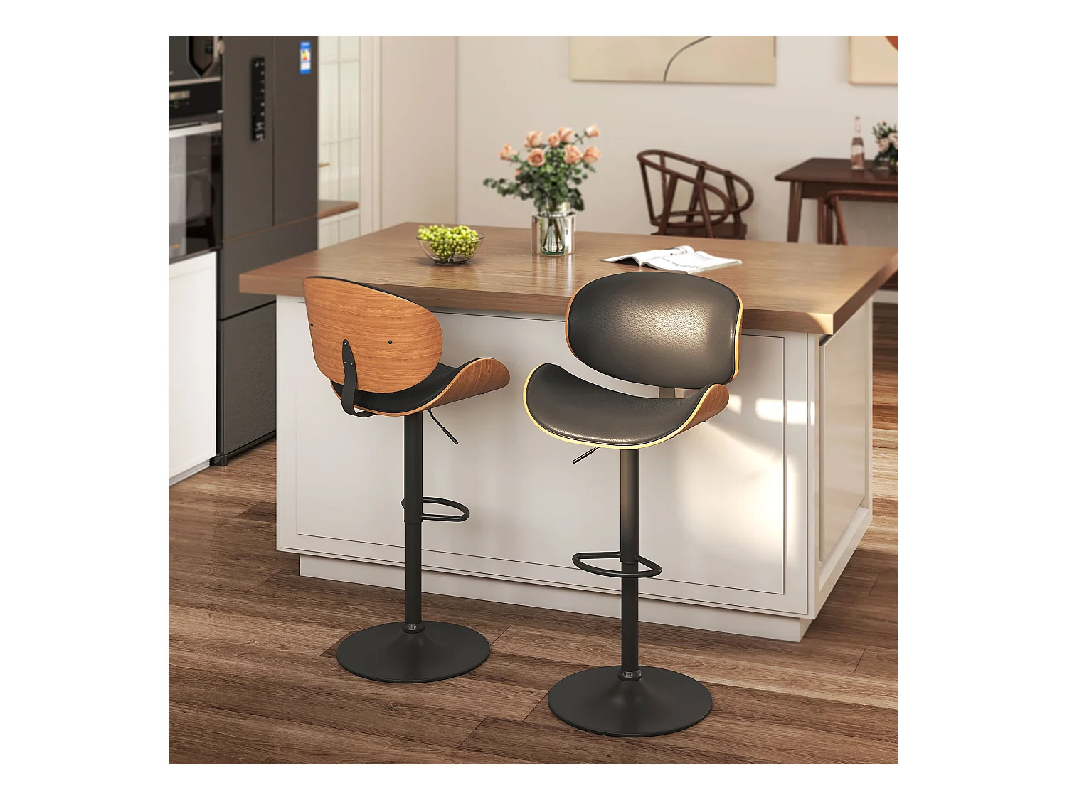 Set di 2 sgabelli da bar con schienale e poggiapiedi in legno nero