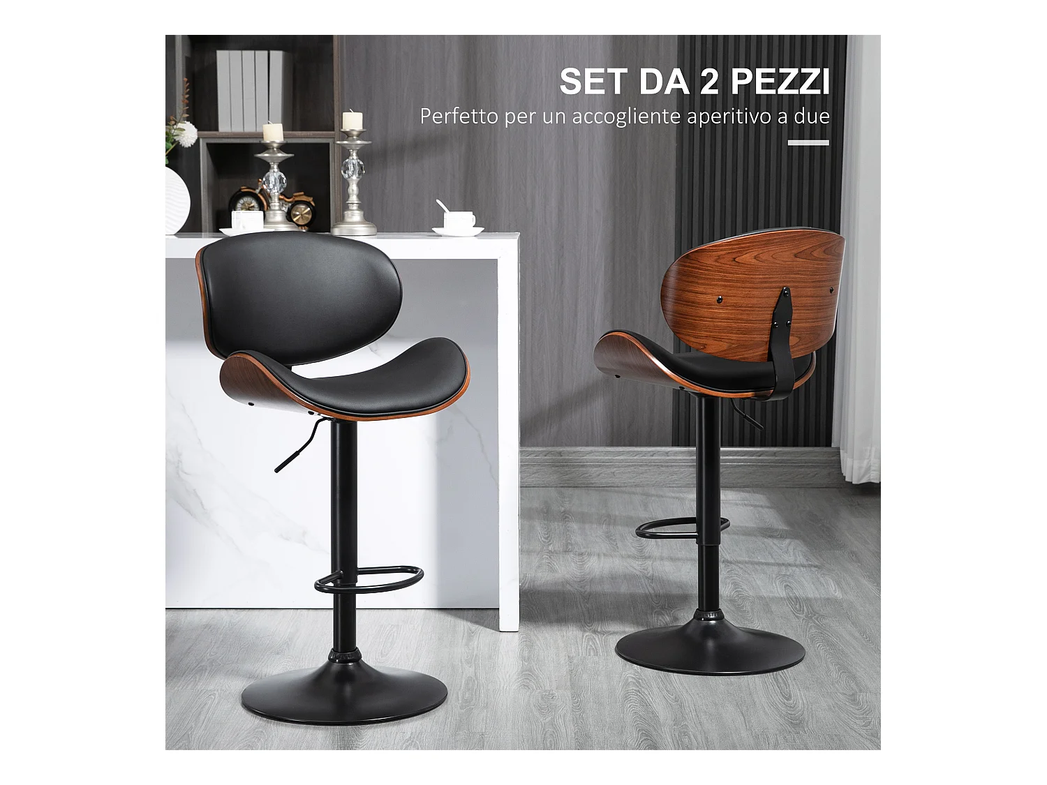 Set di 2 sgabelli da bar con schienale e poggiapiedi in legno nero