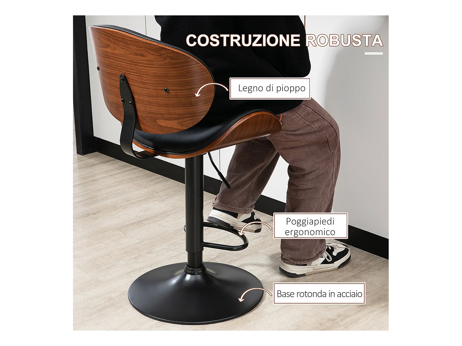 Set di 2 sgabelli da bar con schienale e poggiapiedi in legno nero