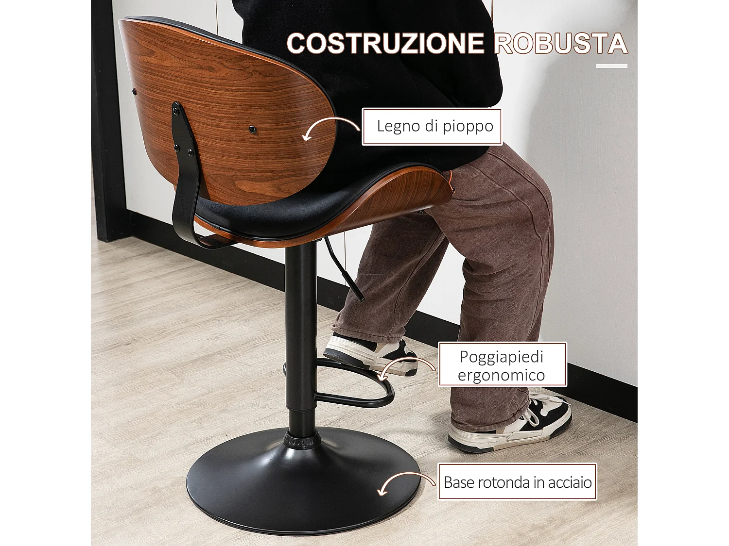 Set di 2 sgabelli da bar con schienale e poggiapiedi in legno nero