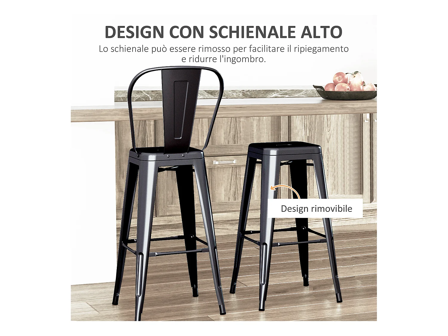 Set 2 sgabelli da bar con schienale rimovibile e poggiapiedi nero