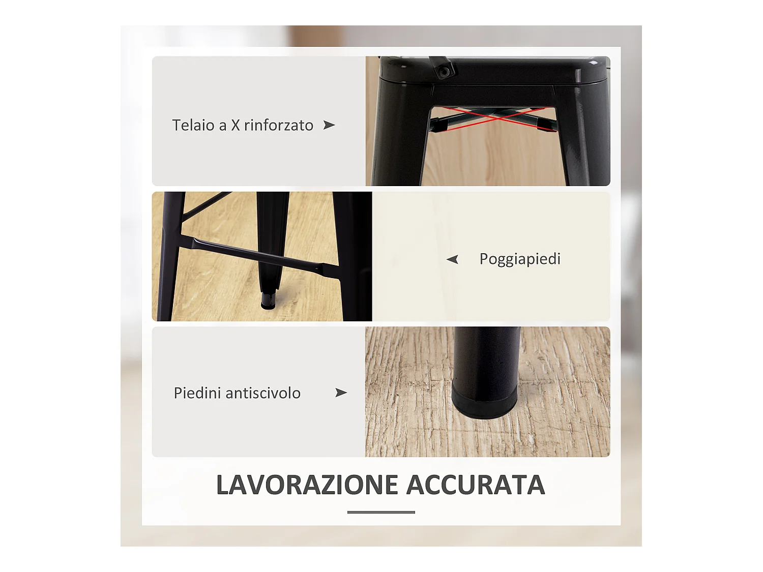 Set 2 sgabelli da bar con schienale rimovibile e poggiapiedi nero