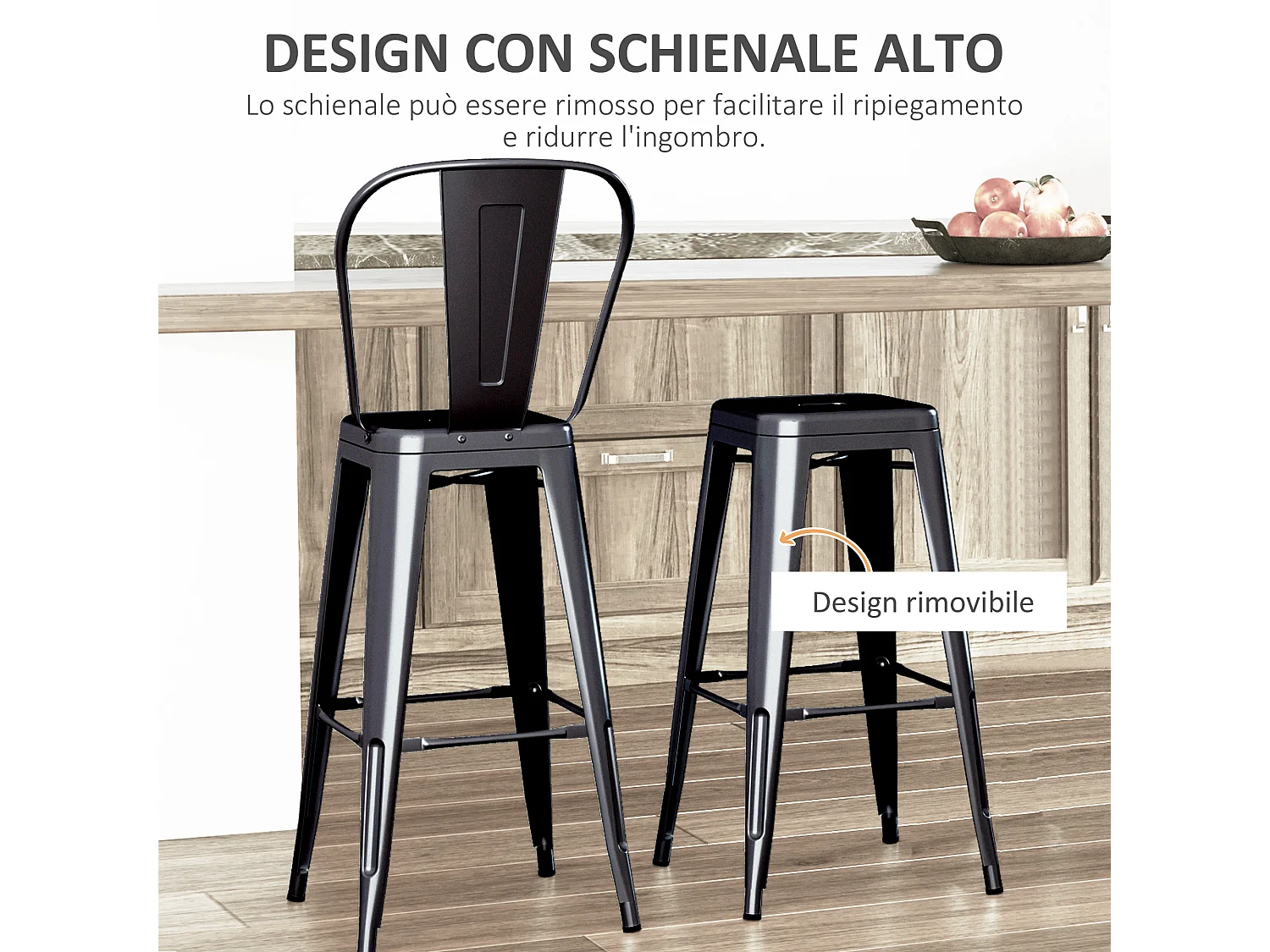 Set 2 sgabelli da bar con schienale rimovibile e poggiapiedi nero