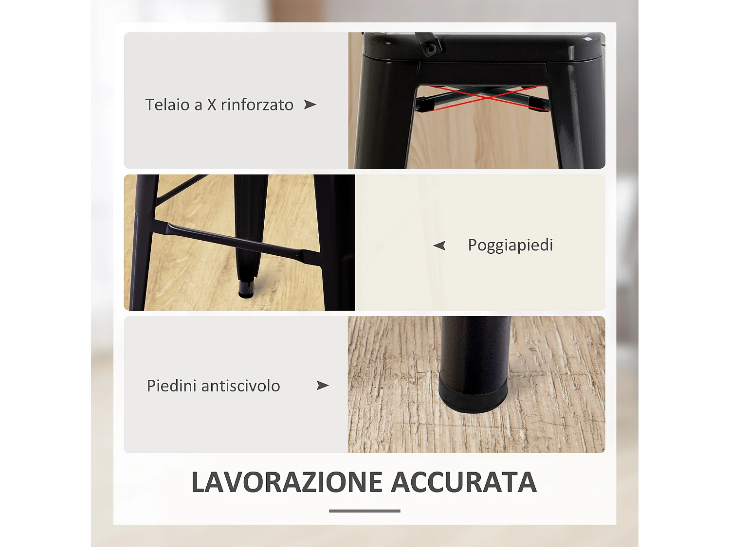 Set 2 sgabelli da bar con schienale rimovibile e poggiapiedi nero