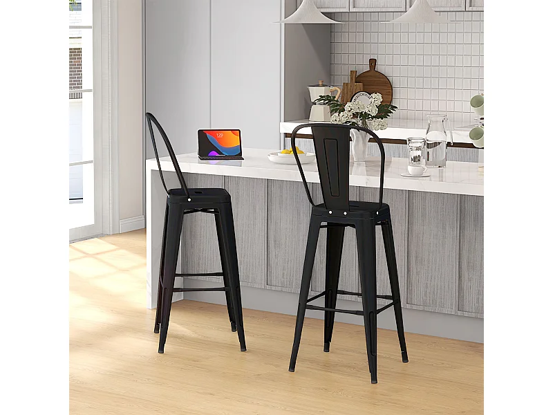 Set 2 sgabelli da bar con schienale rimovibile e poggiapiedi nero