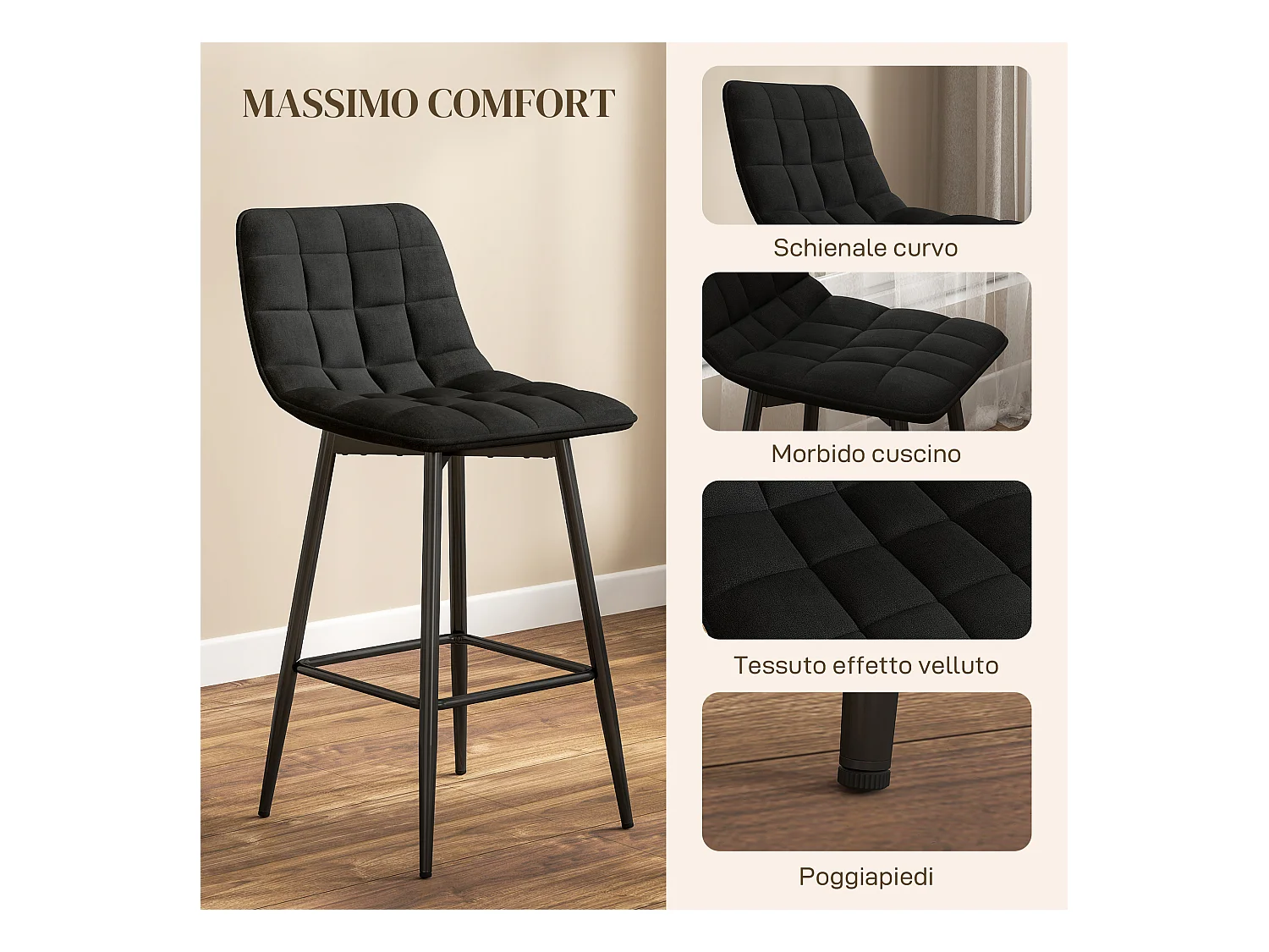 Set 2 sgabelli da cucina stile nordico effetto velluto nero