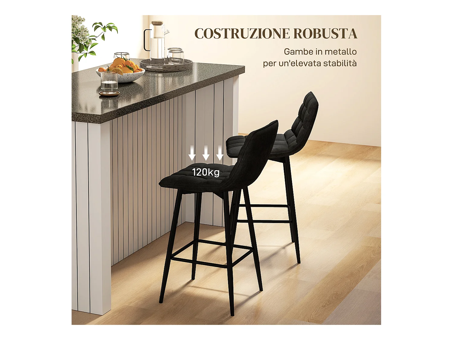 Set 2 sgabelli da cucina stile nordico effetto velluto nero