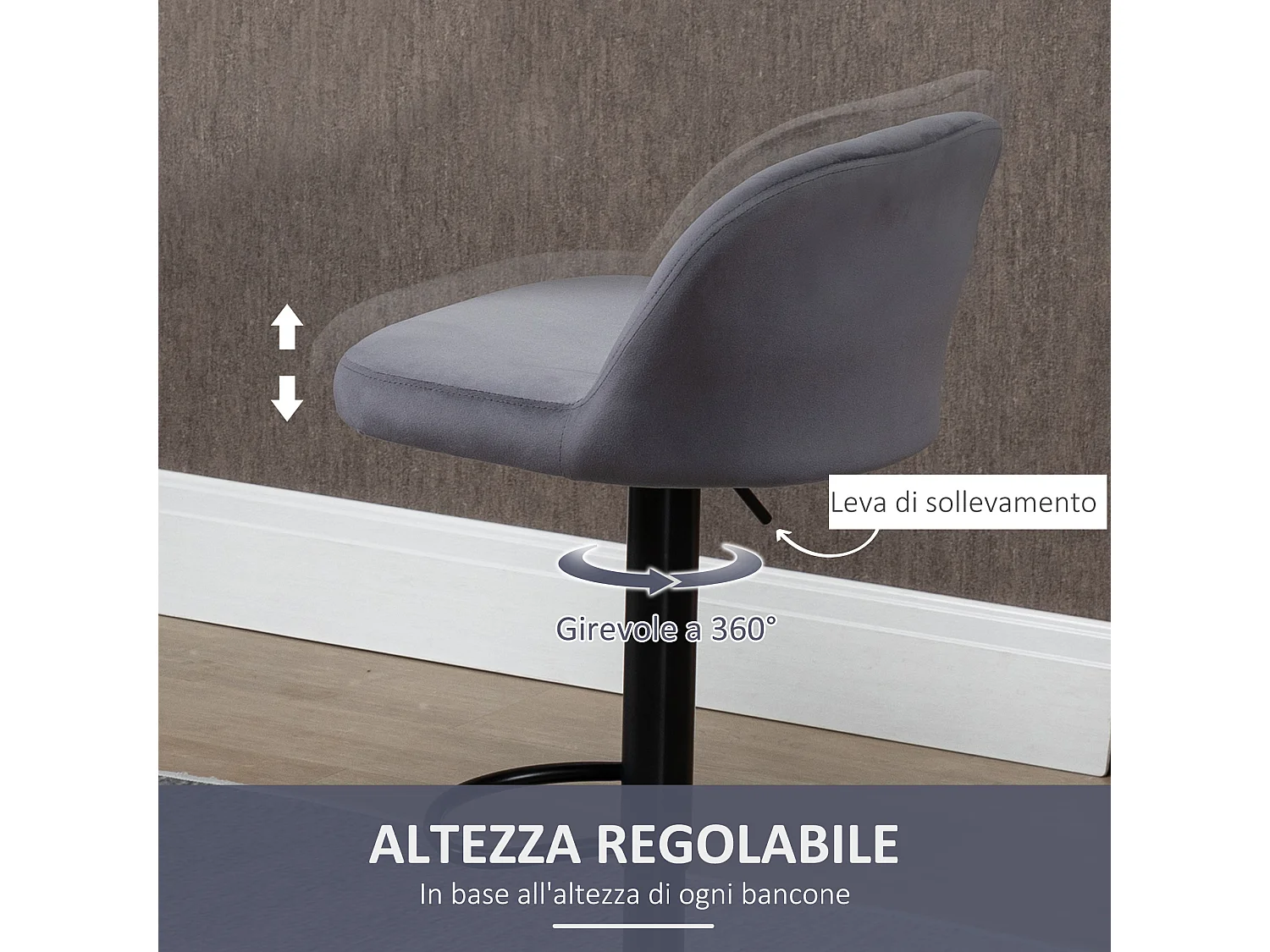 Set 2 sgabelli da bar con schienale altezza regolabile grigio